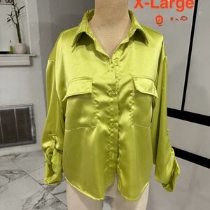 Lime Green Satin Button-Up Blouse